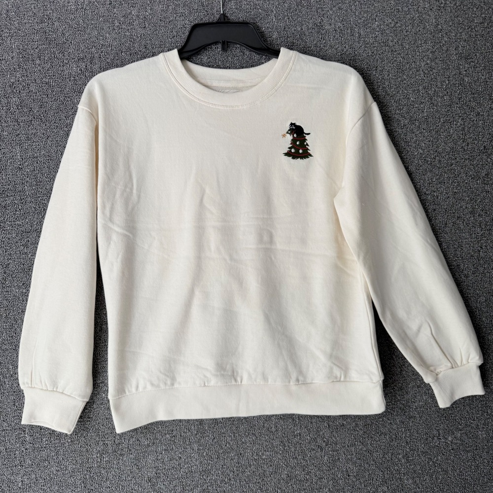 NWT C&C California Womens Small Sweatshirt Cream Cat Christmas Tree Holiday Gift